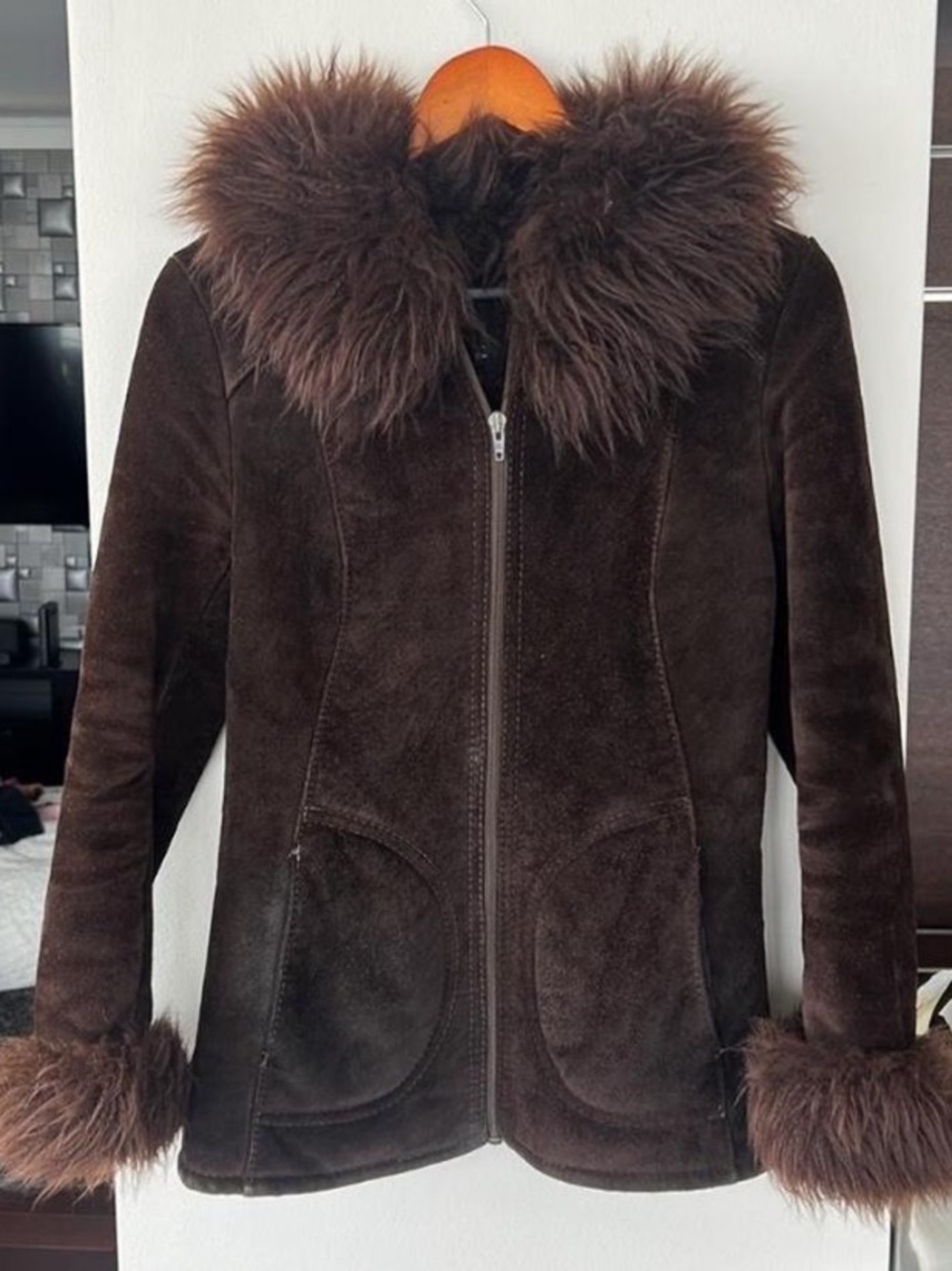 Vera Pelle Dark Brown Suede Jacket with Fur Trim